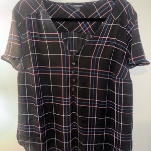Torrid Black Blouse with Pink and Blue Plaid
